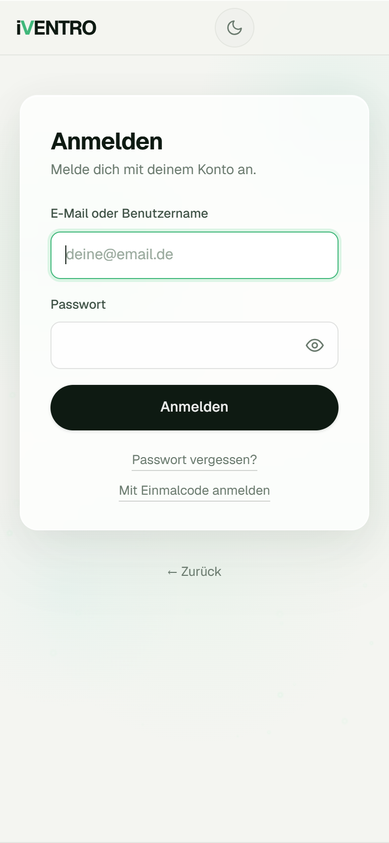 Anmeldeformular mit Passwort und Einmalcode-Link