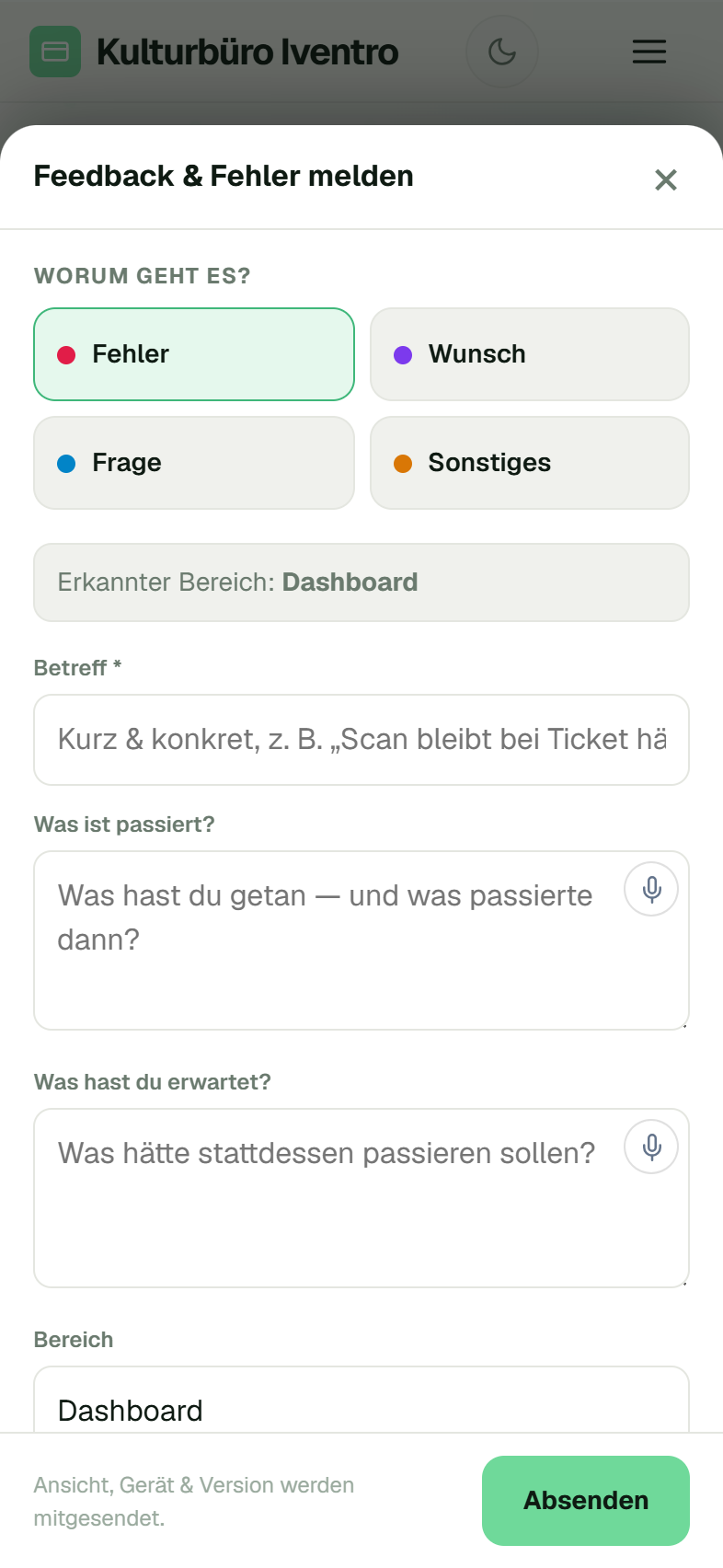 Melde-Dialog mit automatisch erkanntem Bereich