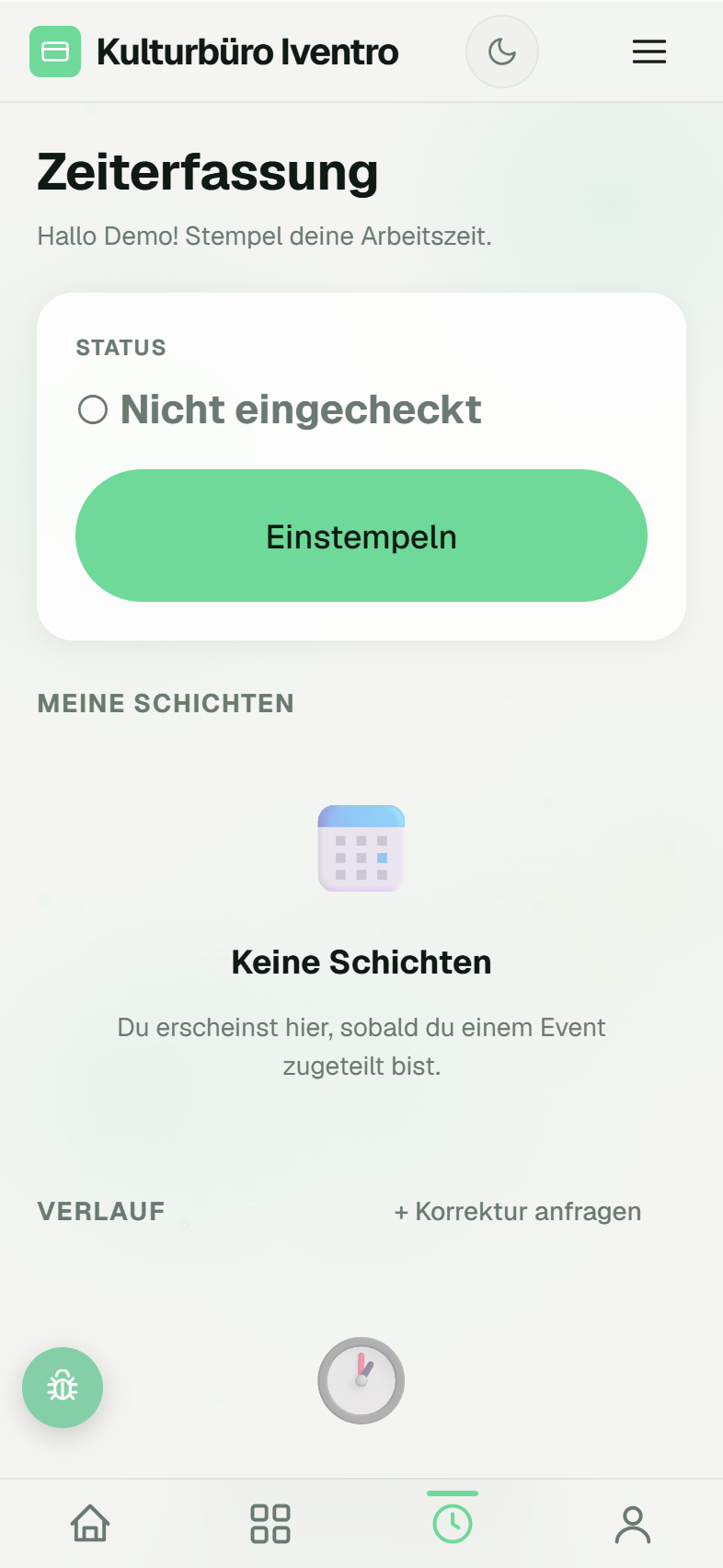 Statuskarte mit Ausstempeln und Pause