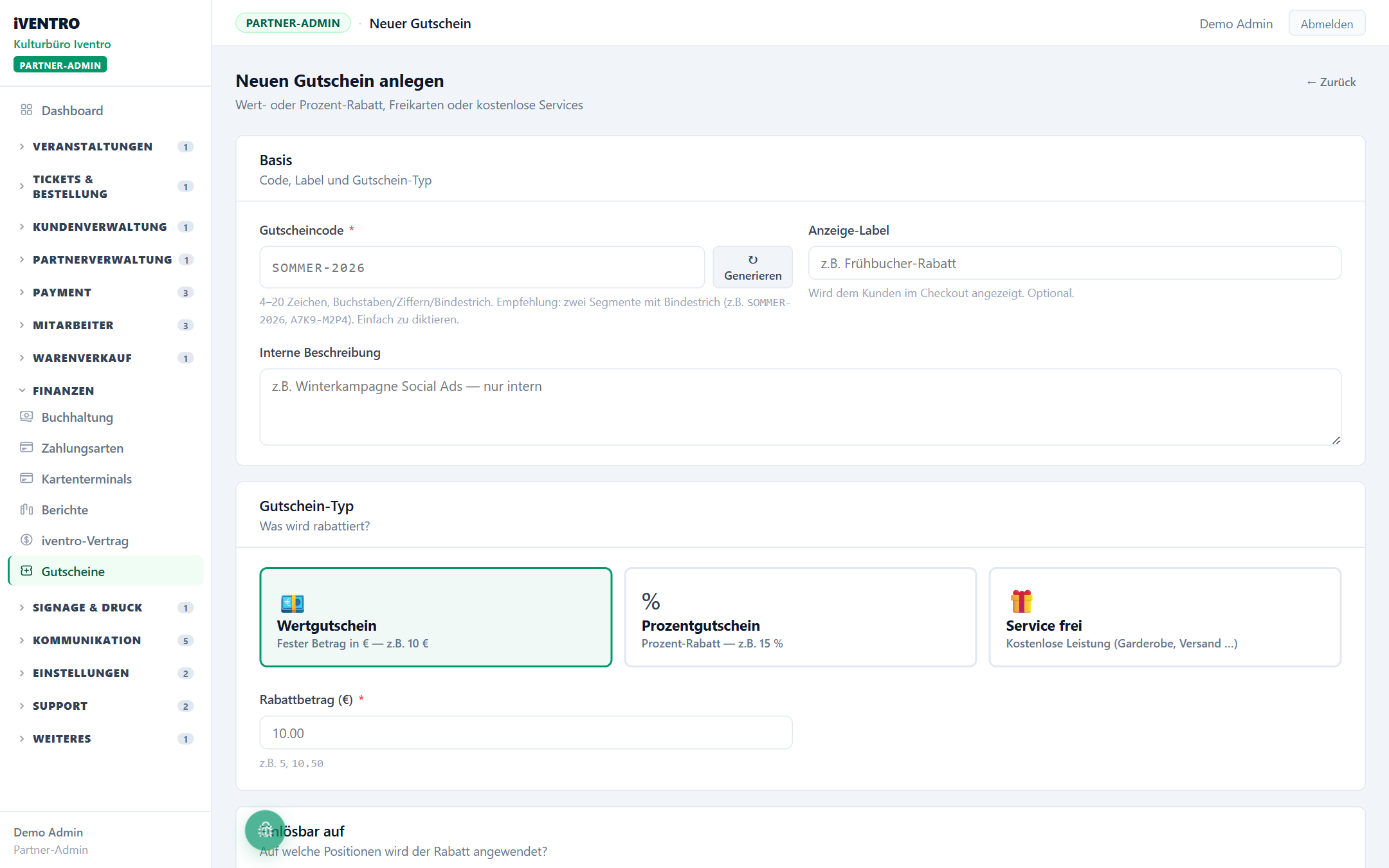 Code und Gutschein-Typ