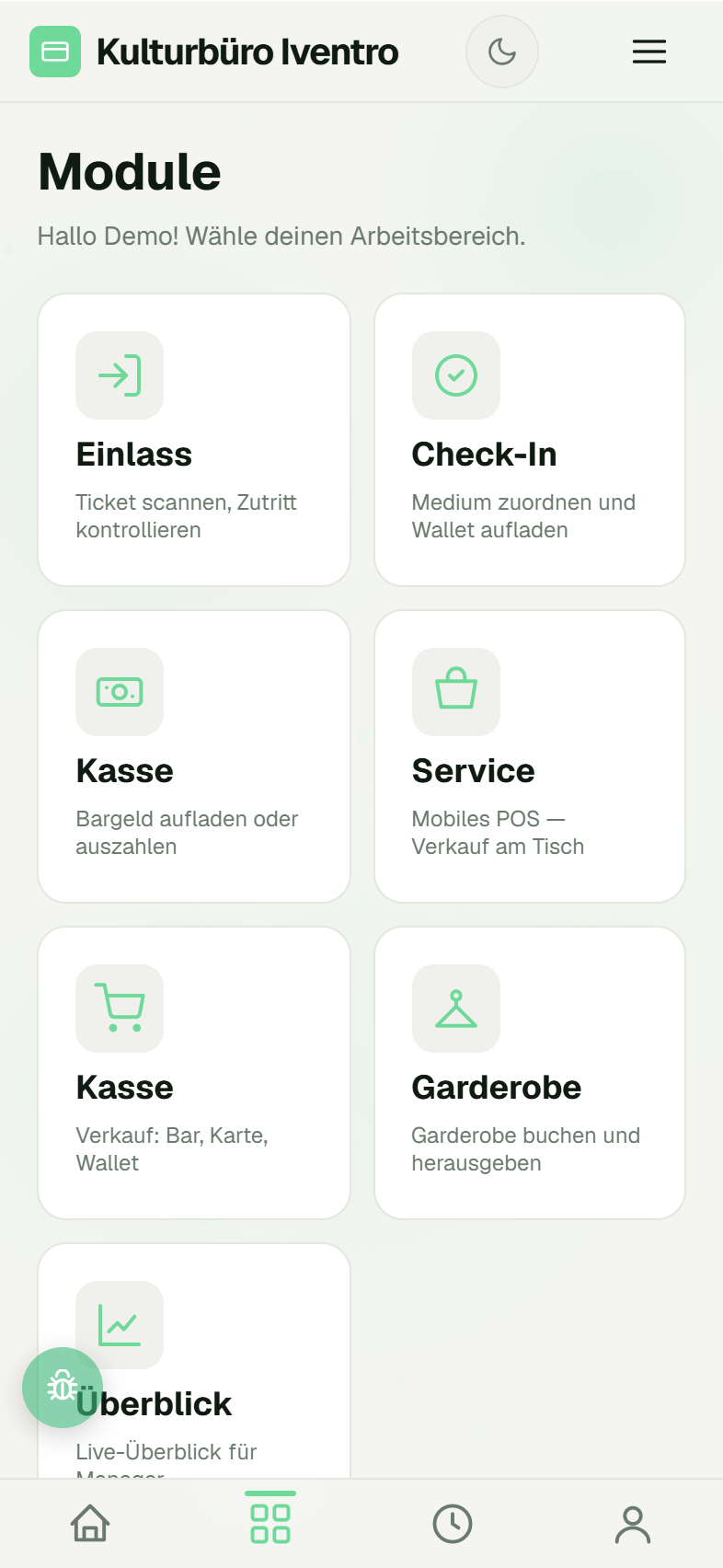 Das Kachel-Raster in der Mitarbeiter-App
